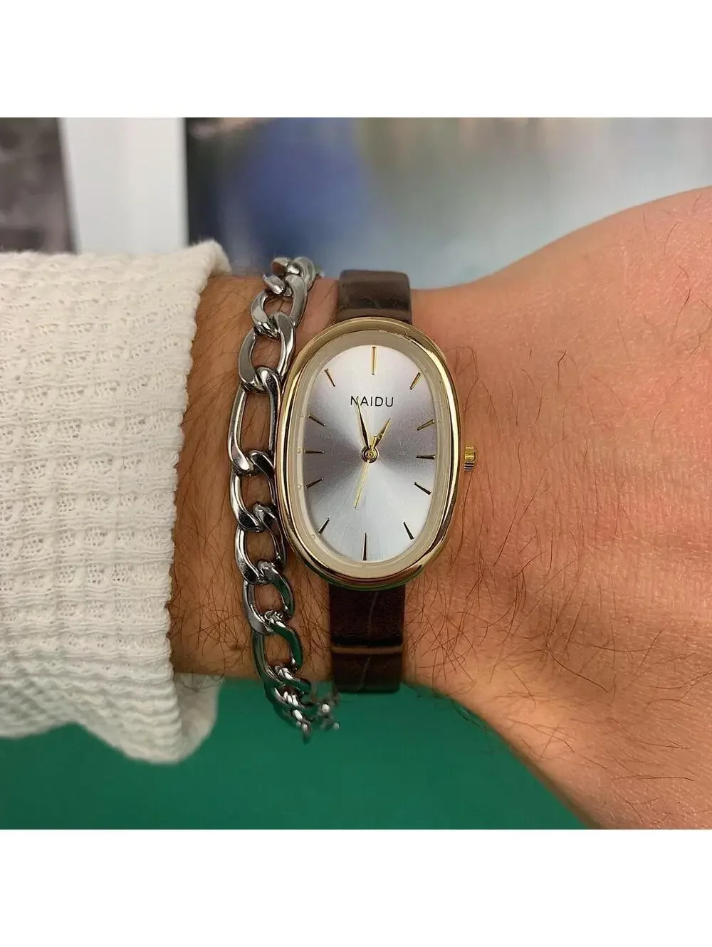Y2K Brown Silver Leather Watch 8 Inch